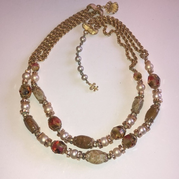 Vendome Vintage Gold Tone Shimmer Beads Beaded Double Strand Necklace
